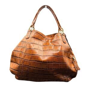 G.I.L.I. Genuine Leather Croc Embossed Satchel Tote Bag Cognac Brown